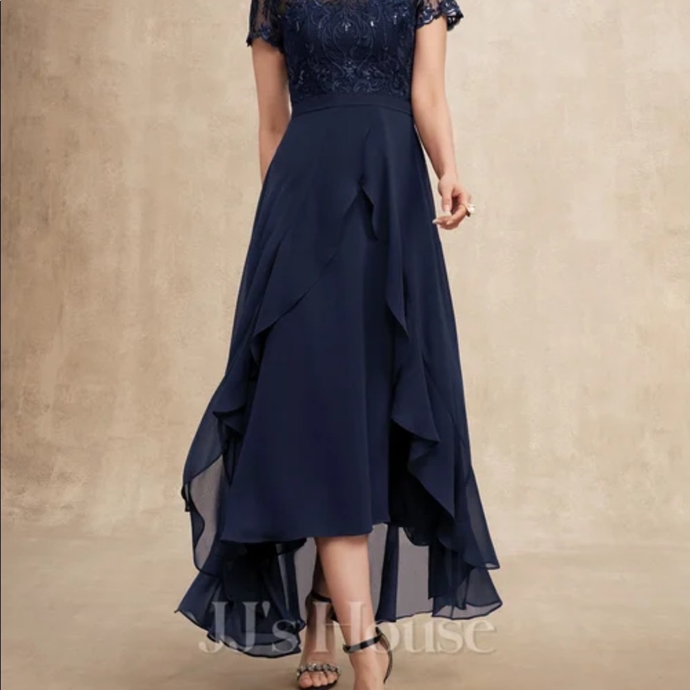 JJs House Navy Blue Lace Chiffon Evening Dress - Picture 2 of 6